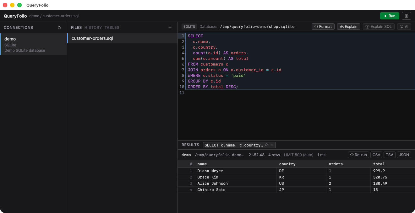 QueryFolio — SQL クライアントデスクトップアプリ