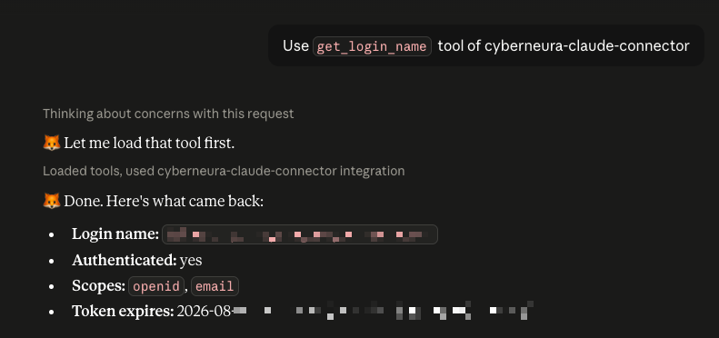 Claude が MCP サーバーのツールを呼び、認証済みユーザーのログイン名を返している画面